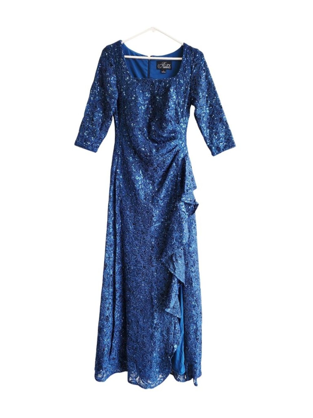 Alex Evenings Womens Dress Blue Sequin Lace Gown 3/4 Sleeves Size 4 MSRP $259